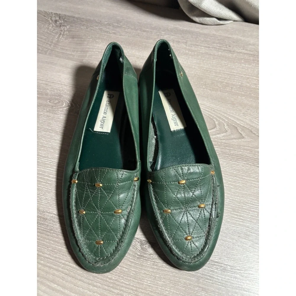 Etienne Aigner 7M Green Leather Quilted Studded Loafers Flats Old Money Festival